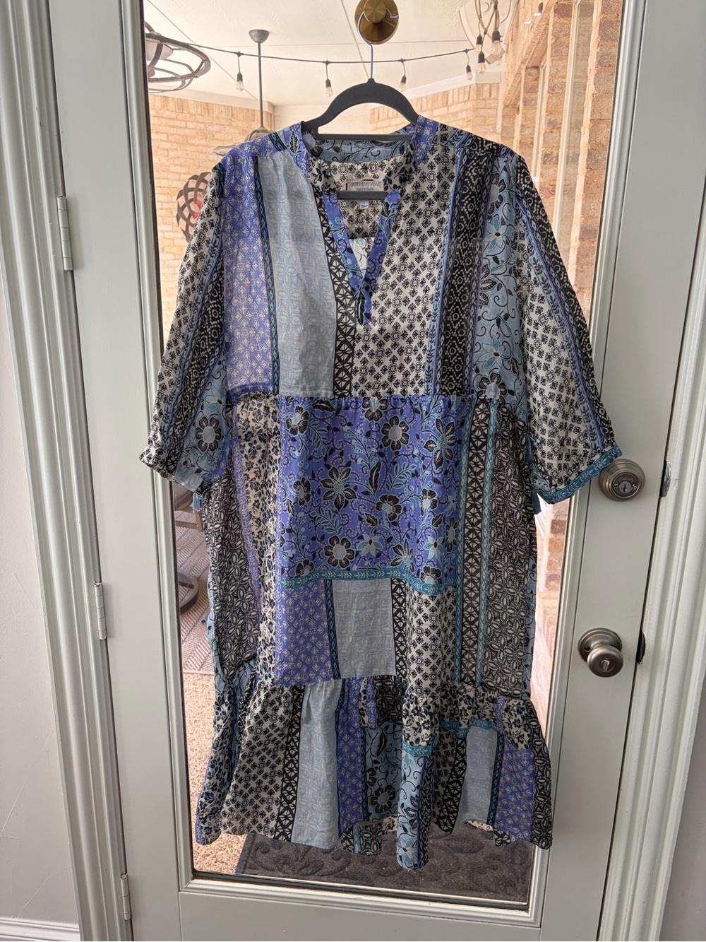 Johnny Was Workshop L 100% Ramie Patchwork Tunic Dress Blue Boho Tiered